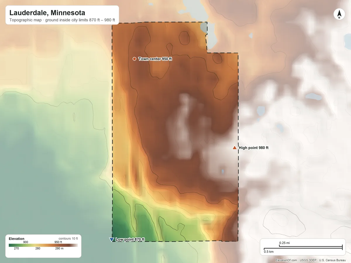 Topographic elevation map of Lauderdale, Minnesota, shaded from 870 ft on the south side to 980 ft on the southeast side