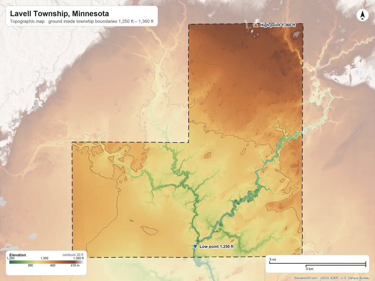 Topographic elevation map of Lavell Township, Minnesota, shaded from 1,250 ft on the south side to 1,360 ft on the north side