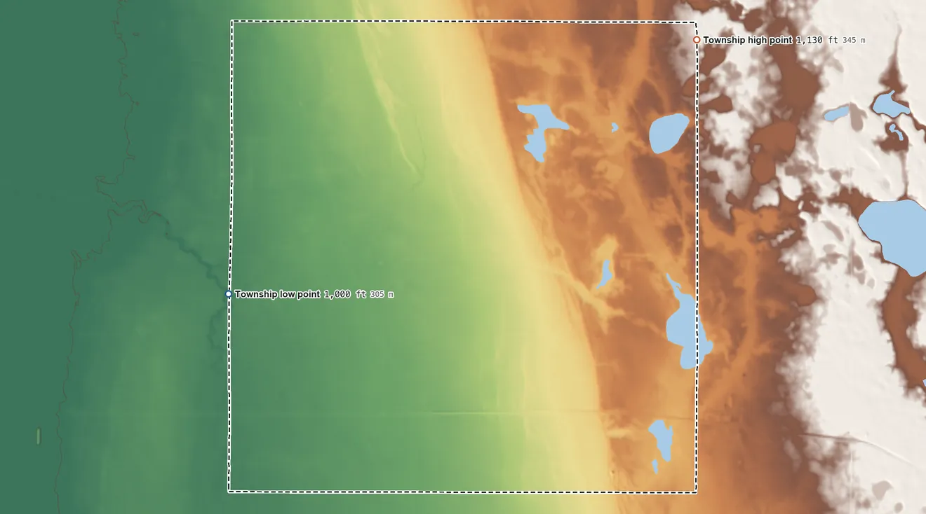 Topographic elevation map of Lawrence Township, Grant County, Minnesota, shaded from 1,000 ft on the west side to 1,130 ft on the northeast side