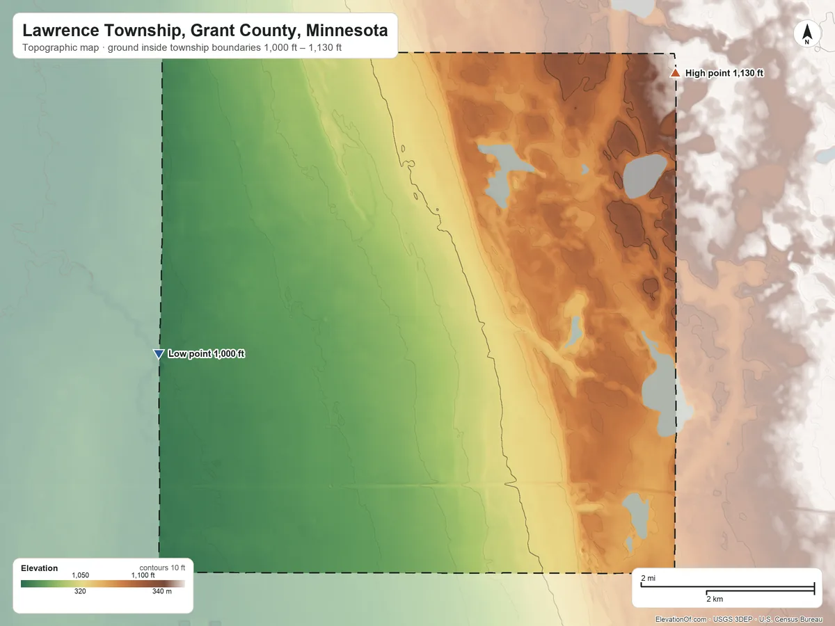Topographic elevation map of Lawrence Township, Grant County, Minnesota, shaded from 1,000 ft on the west side to 1,130 ft on the northeast side