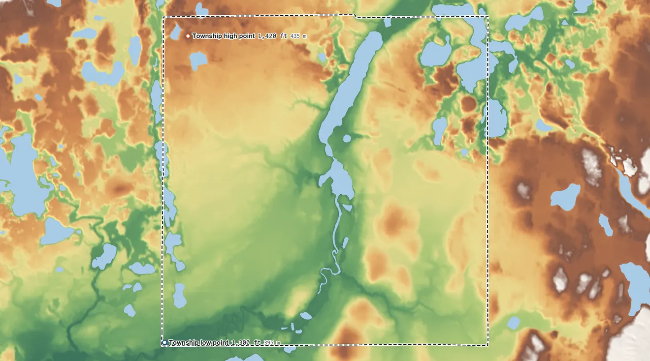 Topographic elevation map of Lawrence Township, Minnesota, shaded from 1,300 ft on the southwest side to 1,420 ft on the northwest side