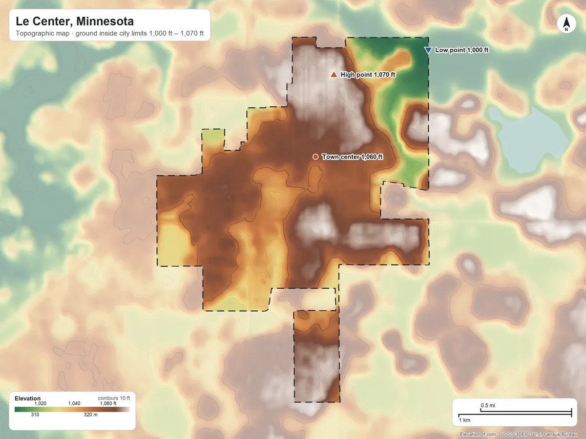 Topographic elevation map of Le Center, Minnesota, shaded from 1,000 ft on the northeast side to 1,070 ft on the north side