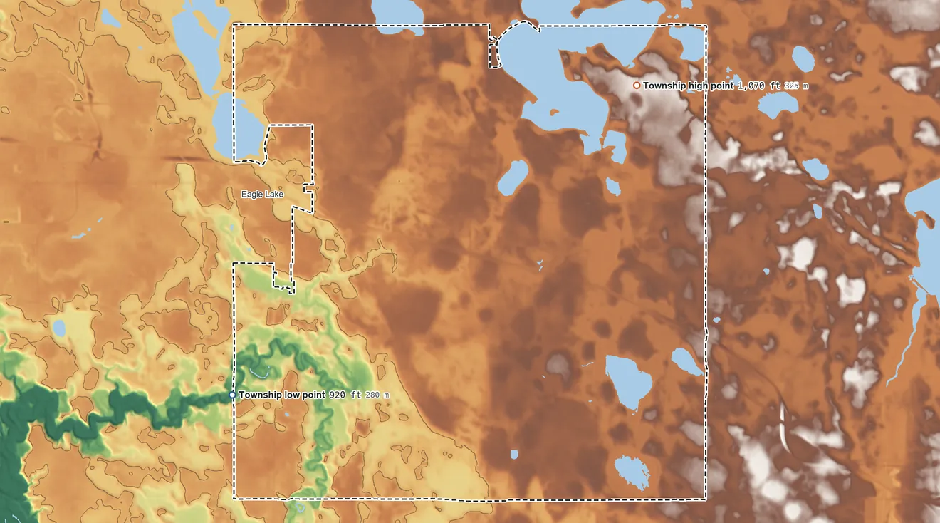 Topographic elevation map of Le Ray Township, Minnesota, shaded from 920 ft on the southwest side to 1,070 ft on the northeast side
