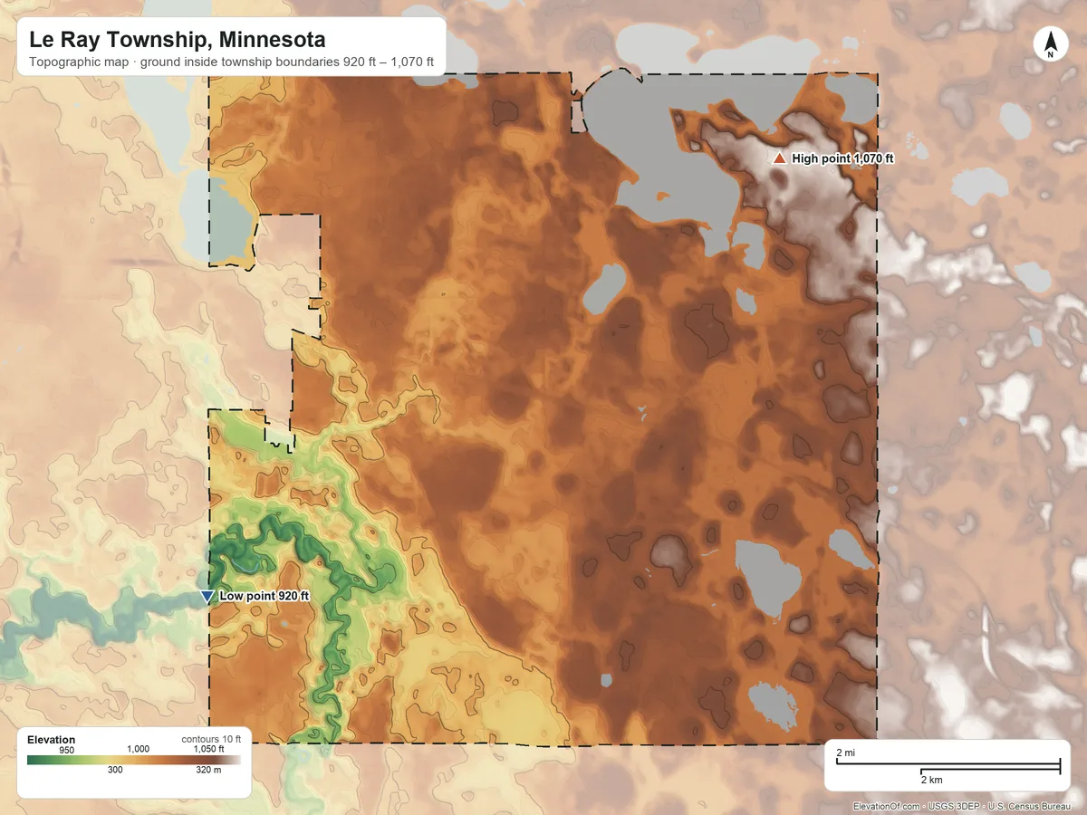 Topographic elevation map of Le Ray Township, Minnesota, shaded from 920 ft on the southwest side to 1,070 ft on the northeast side