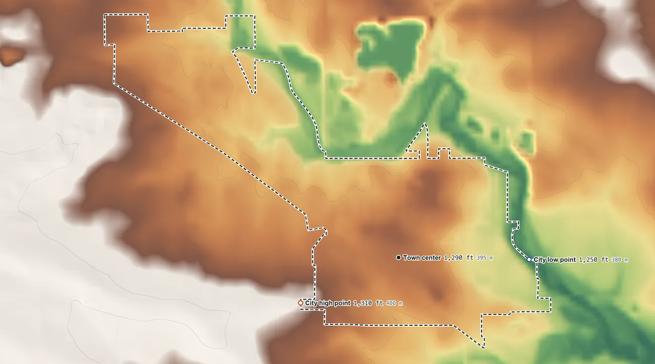 Topographic elevation map of Le Roy, Minnesota, shaded from 1,250 ft on the east side to 1,310 ft on the southwest side