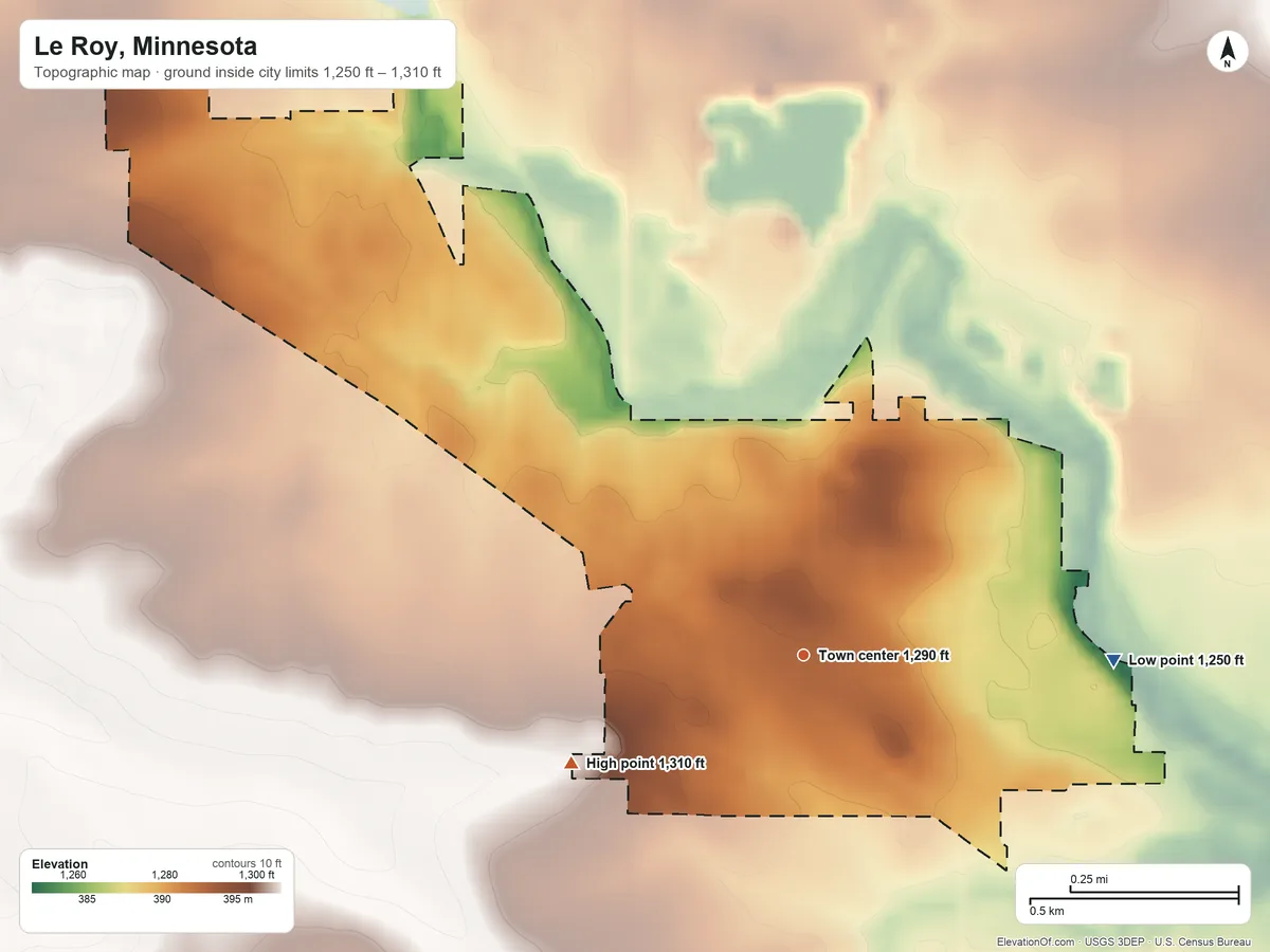 Topographic elevation map of Le Roy, Minnesota, shaded from 1,250 ft on the east side to 1,310 ft on the southwest side