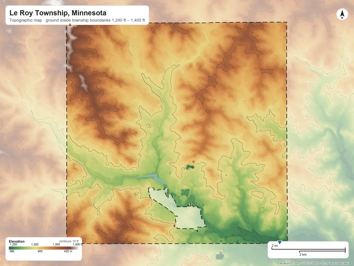 Topographic elevation map of Le Roy Township, Minnesota, shaded from 1,240 ft on the southeast side to 1,400 ft on the northwest side
