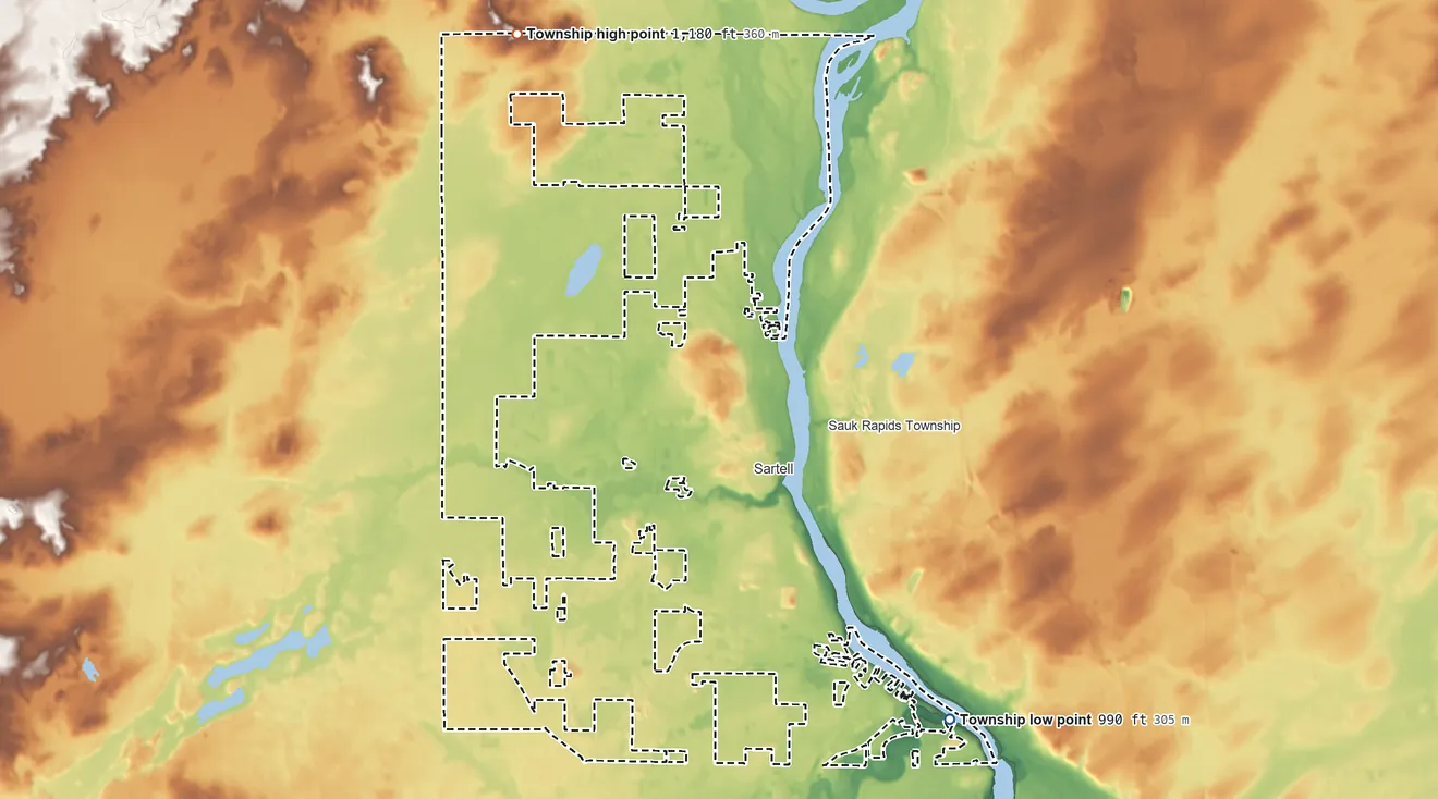 Topographic elevation map of Le Sauk Township, Minnesota, shaded from 990 ft on the southeast side to 1,180 ft on the northwest side