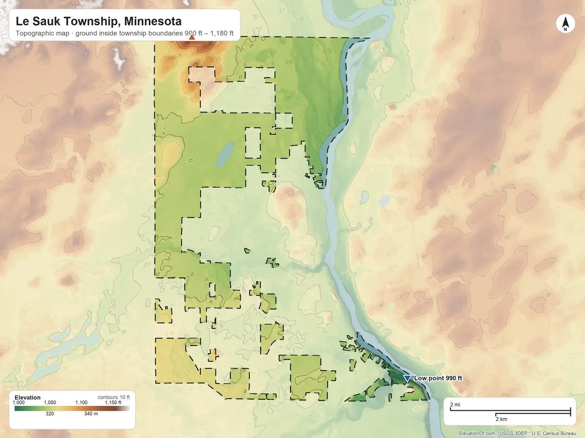Topographic elevation map of Le Sauk Township, Minnesota, shaded from 990 ft on the southeast side to 1,180 ft on the northwest side