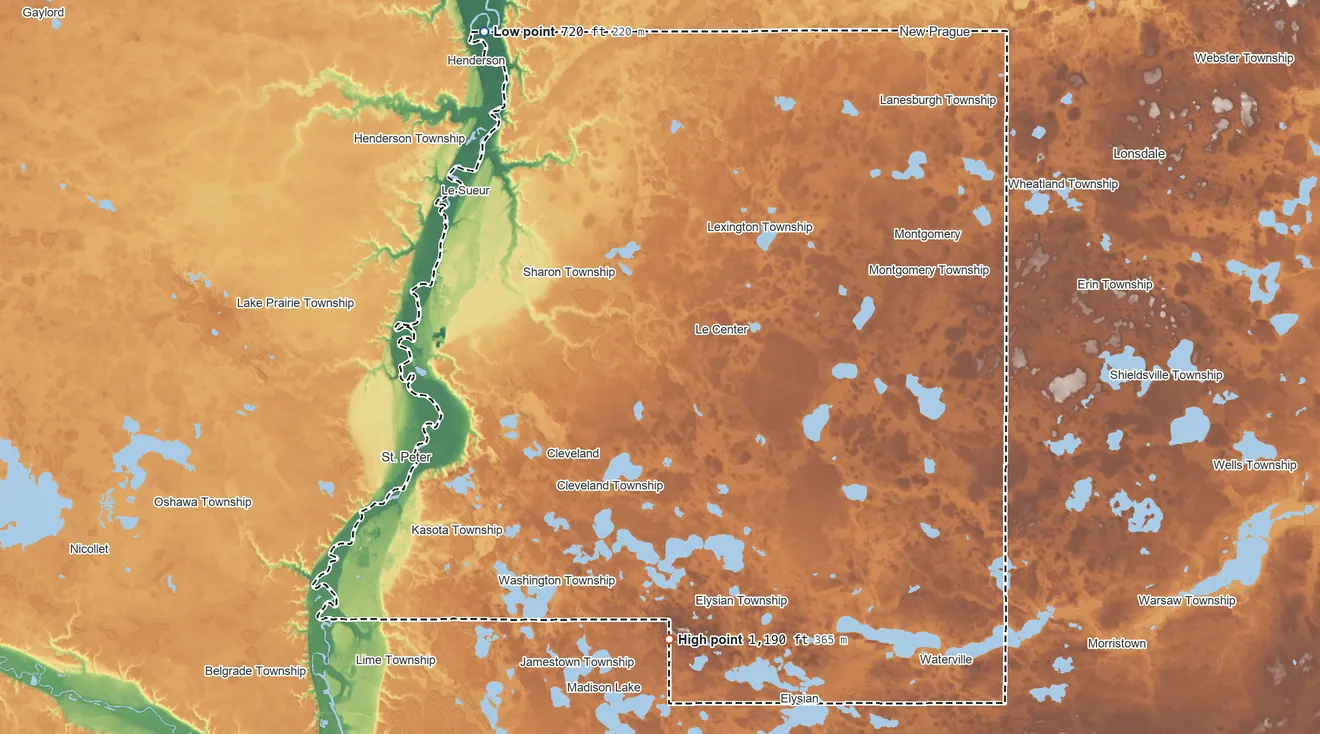 Topographic elevation map of Le Sueur County, Minnesota, shaded from 720 ft on the northwest side to 1,190 ft on the south side