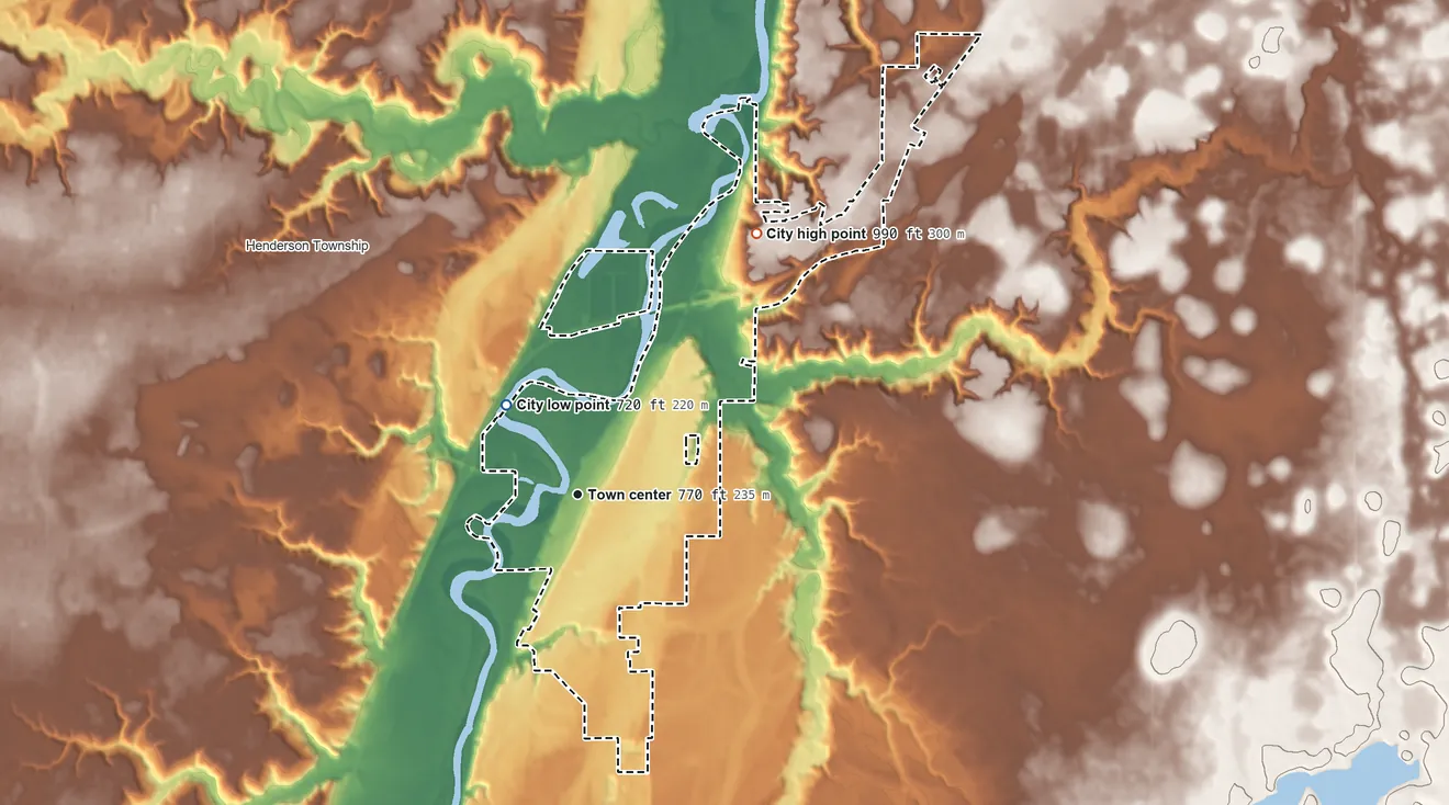 Topographic elevation map of Le Sueur, Minnesota, shaded from 720 ft on the northwest side to 990 ft on the northeast side