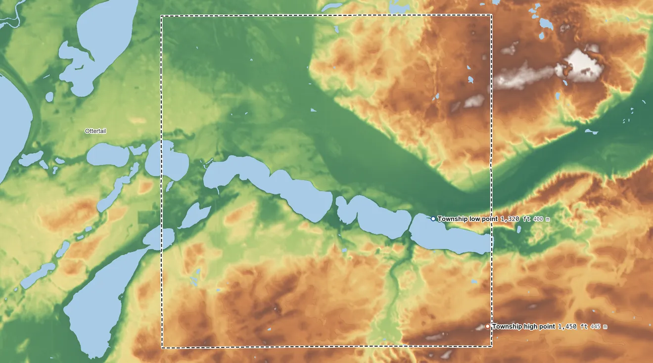Topographic elevation map of Leaf Lake Township, Minnesota, shaded from 1,320 ft on the east side to 1,450 ft on the southeast side