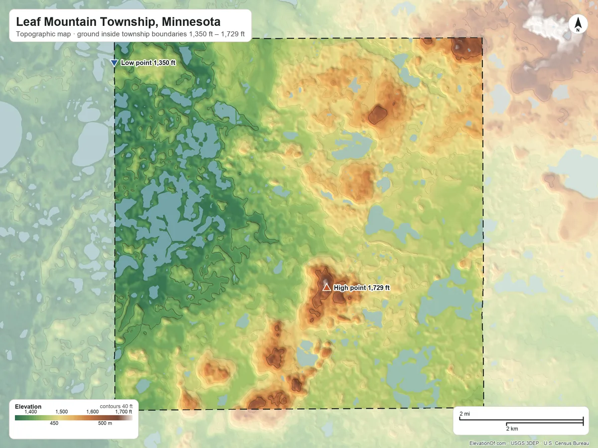Topographic elevation map of Leaf Mountain Township, Minnesota, shaded from 1,350 ft on the northwest side to 1,729 ft on Inspiration Peak