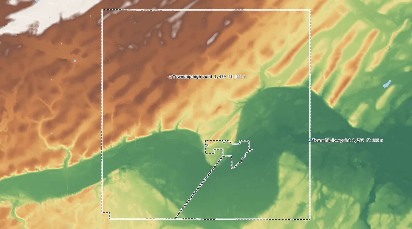 Topographic elevation map of Leaf River Township, Minnesota, shaded from 1,290 ft on the east side to 1,430 ft on the north side