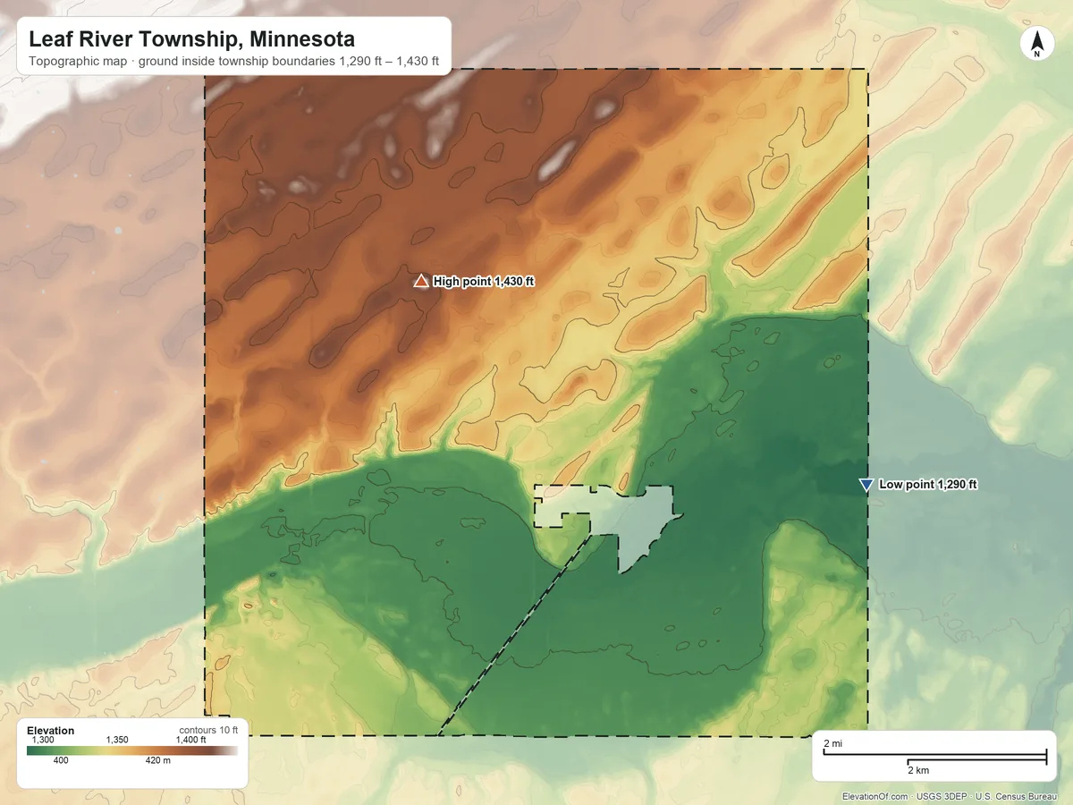 Topographic elevation map of Leaf River Township, Minnesota, shaded from 1,290 ft on the east side to 1,430 ft on the north side