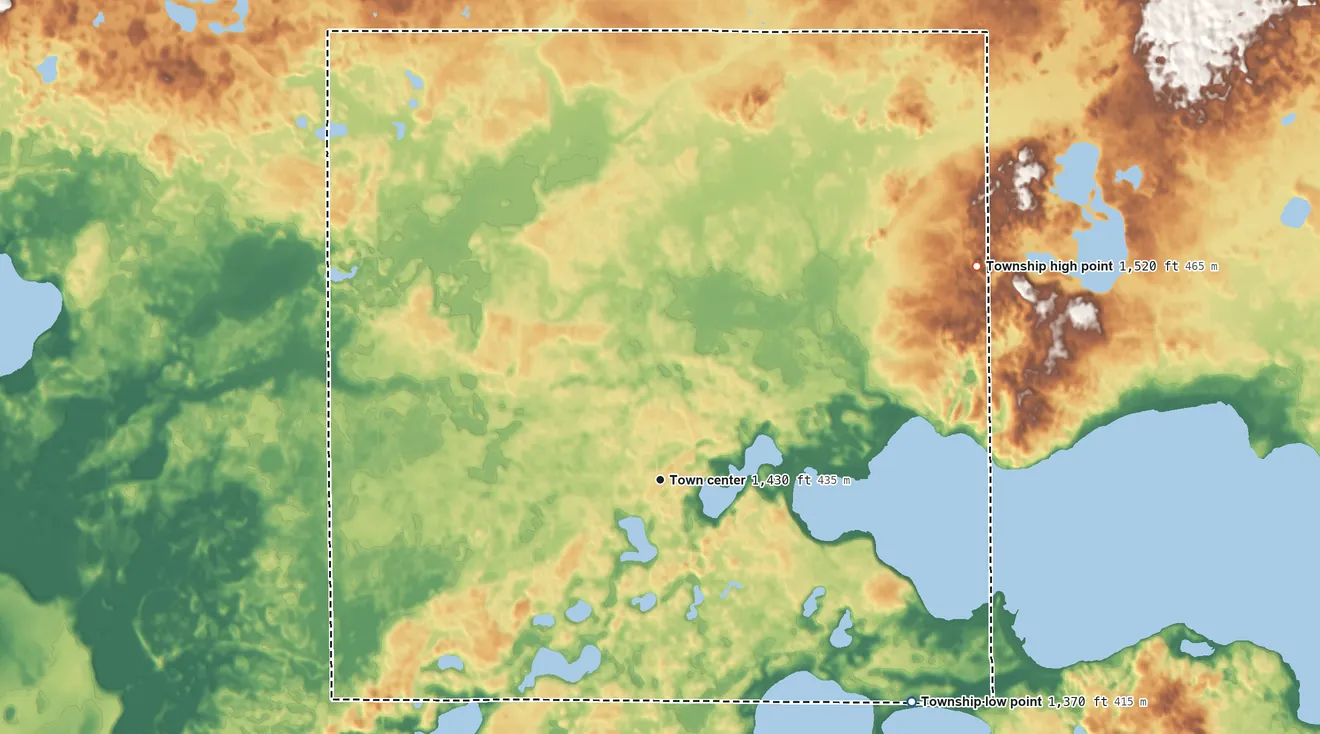 Topographic elevation map of Leaf Valley Township, Minnesota, shaded from 1,370 ft on the southeast side to 1,520 ft on the northeast side