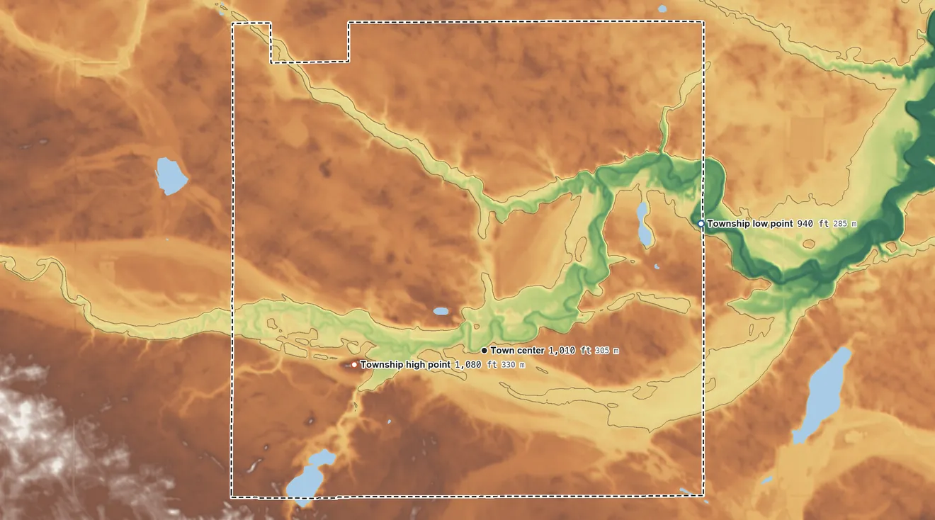 Topographic elevation map of Leavenworth Township, Minnesota, shaded from 940 ft on the northeast side to 1,080 ft on the west side