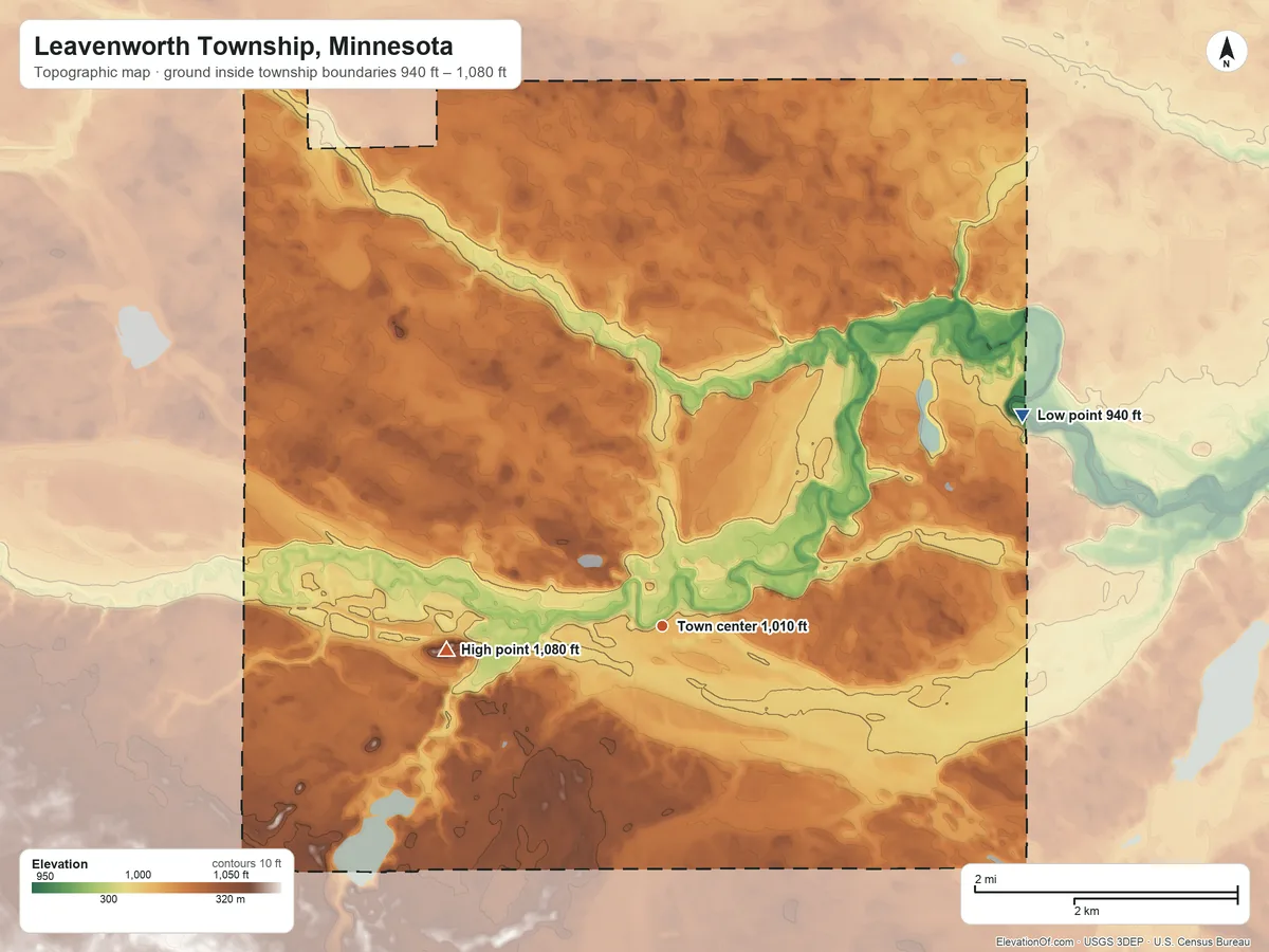 Topographic elevation map of Leavenworth Township, Minnesota, shaded from 940 ft on the northeast side to 1,080 ft on the west side