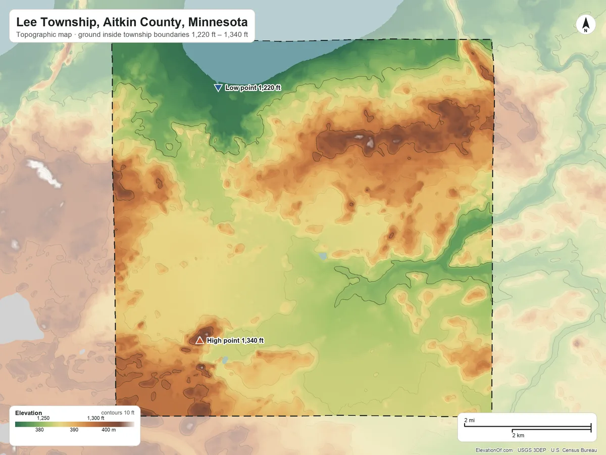Topographic elevation map of Lee Township, Aitkin County, Minnesota, shaded from 1,220 ft on the north side to 1,340 ft near the middle