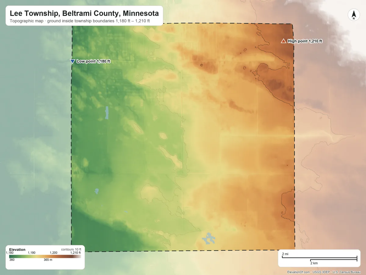 Topographic elevation map of Lee Township, Beltrami County, Minnesota, shaded from 1,180 ft on the west side to 1,210 ft on the east side