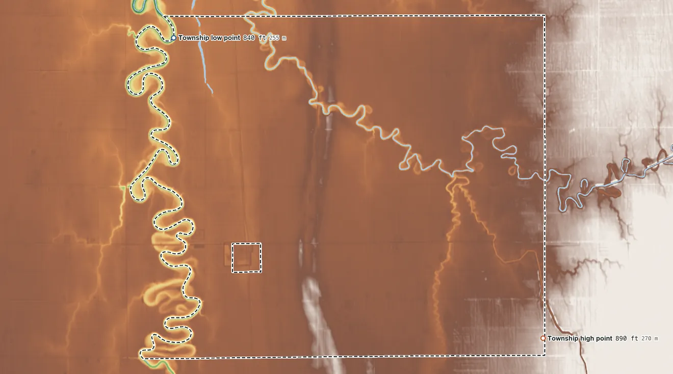 Topographic elevation map of Lee Township, Minnesota, shaded from 840 ft on the northwest side to 890 ft on the southeast side