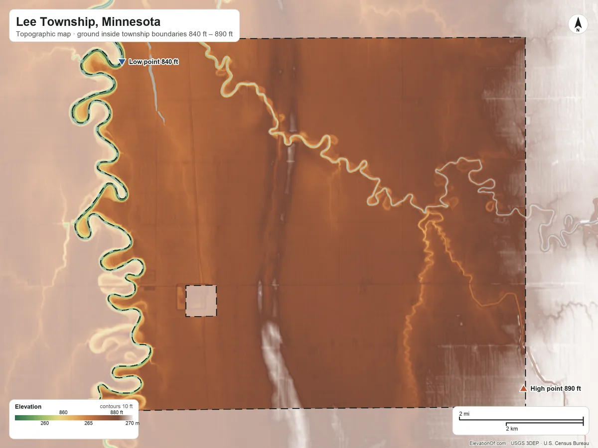Topographic elevation map of Lee Township, Minnesota, shaded from 840 ft on the northwest side to 890 ft on the southeast side