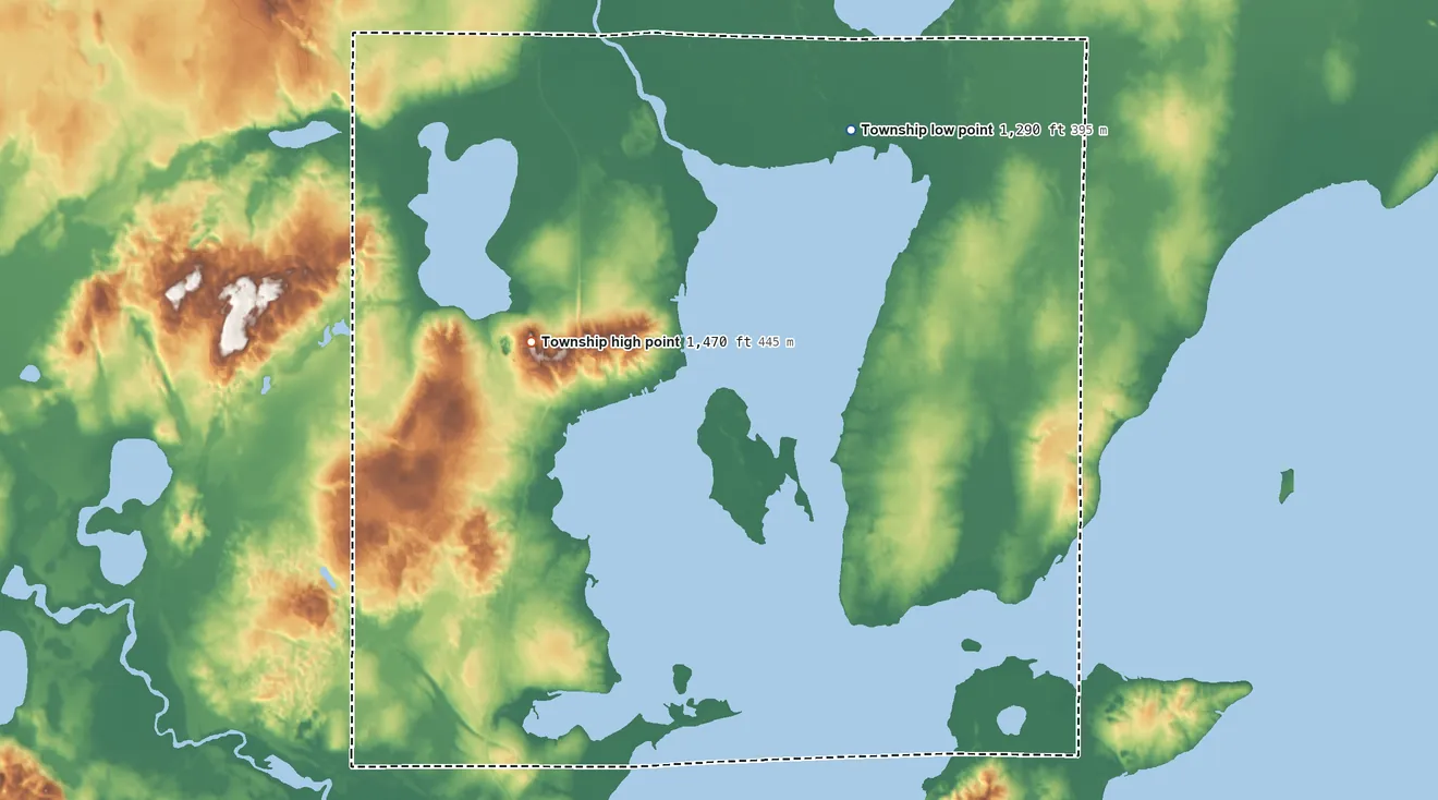 Topographic elevation map of Leech Lake Township, Minnesota, shaded from 1,290 ft on the northeast side to 1,470 ft near the middle