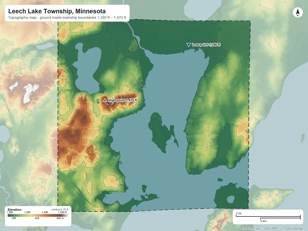 Topographic elevation map of Leech Lake Township, Minnesota, shaded from 1,290 ft on the northeast side to 1,470 ft near the middle