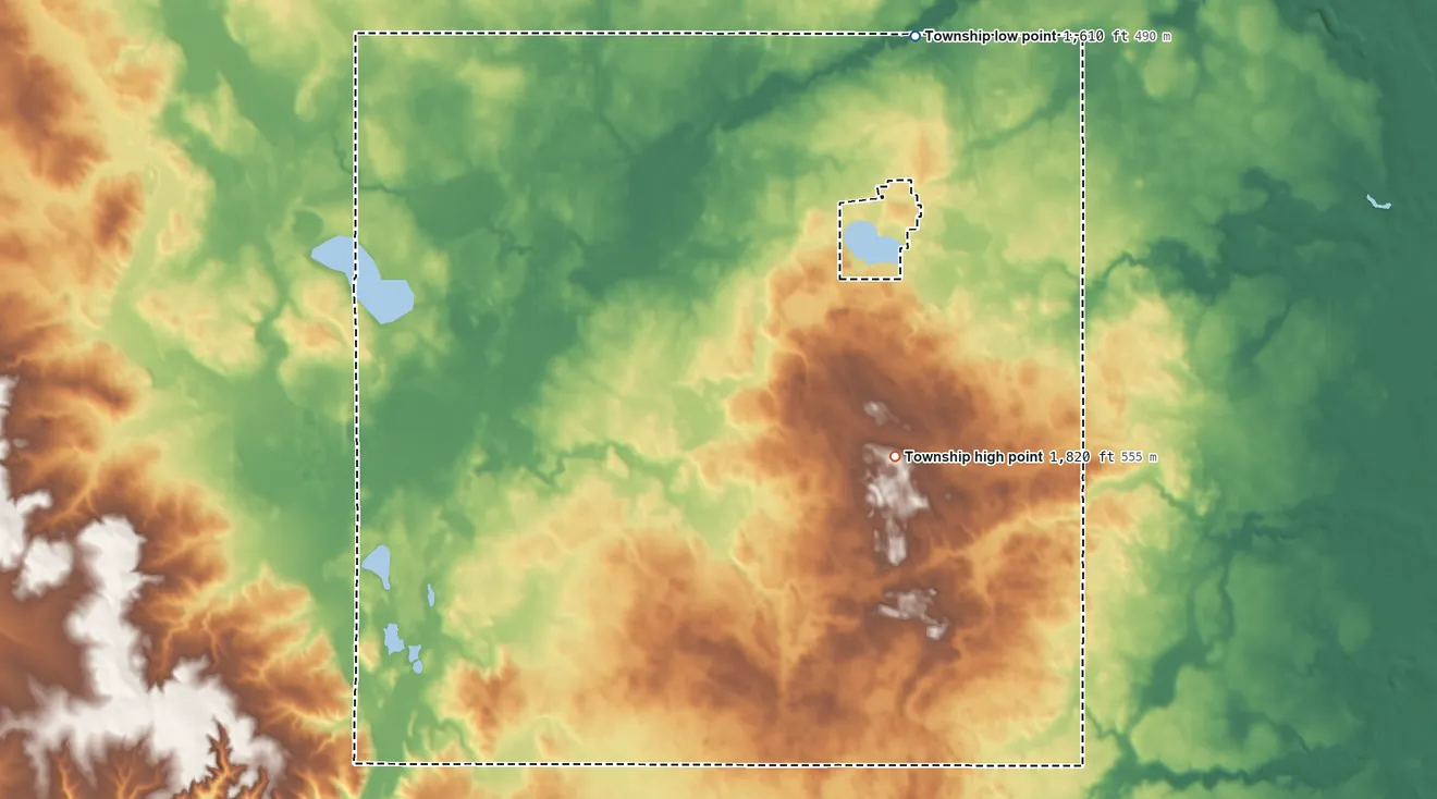 Topographic elevation map of Leeds Township, Minnesota, shaded from 1,610 ft on the north side to 1,820 ft near the middle