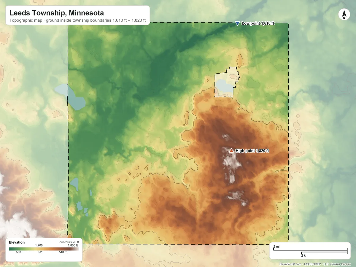 Topographic elevation map of Leeds Township, Minnesota, shaded from 1,610 ft on the north side to 1,820 ft near the middle