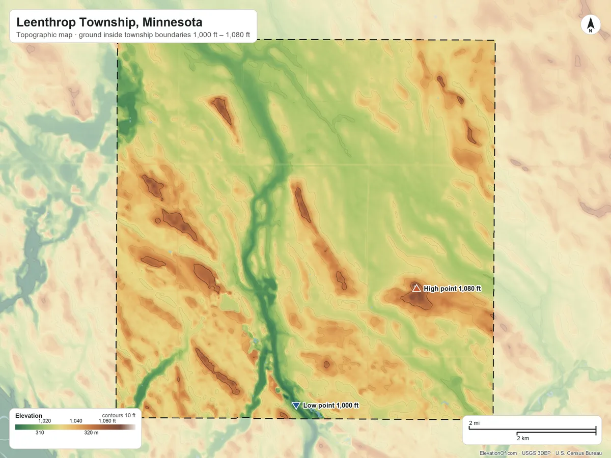 Topographic elevation map of Leenthrop Township, Minnesota, shaded from 1,000 ft on the south side to 1,080 ft on the east side