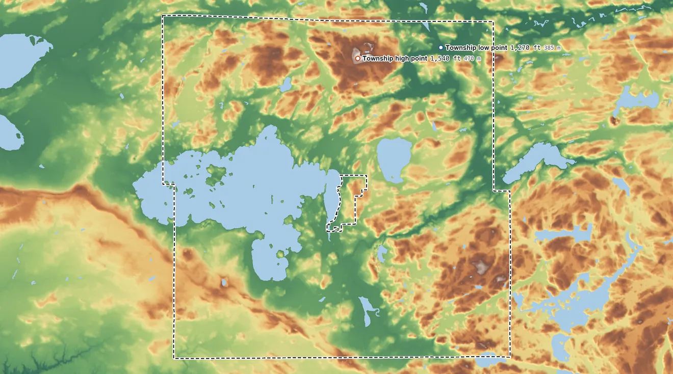 Topographic elevation map of Leiding Township, Minnesota, shaded from 1,270 ft on the northeast side to 1,540 ft on the north side