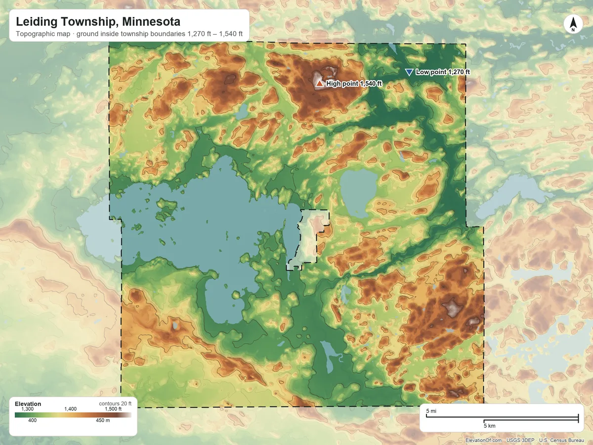 Topographic elevation map of Leiding Township, Minnesota, shaded from 1,270 ft on the northeast side to 1,540 ft on the north side