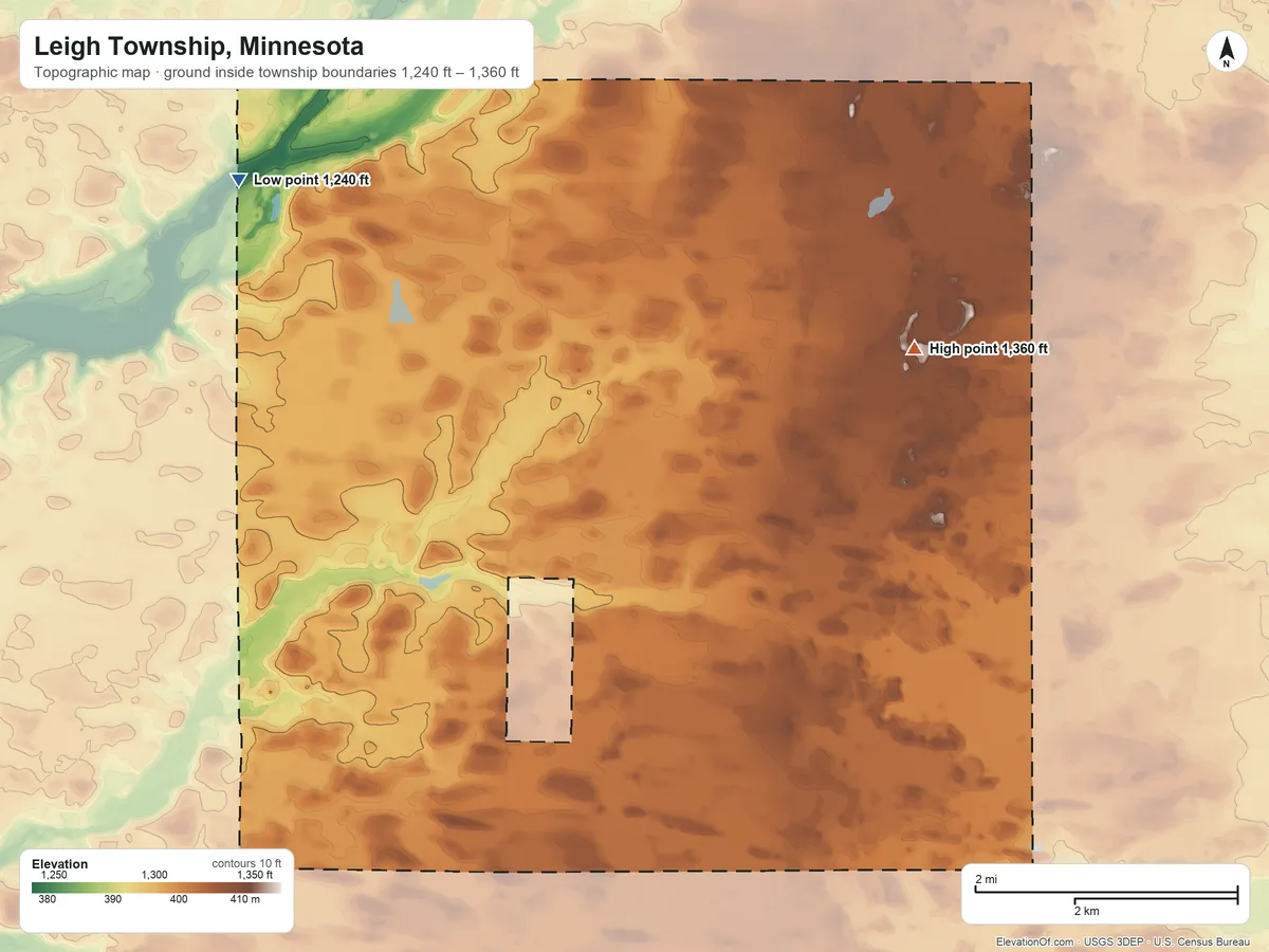 Topographic elevation map of Leigh Township, Minnesota, shaded from 1,240 ft on the northwest side to 1,360 ft on the east side