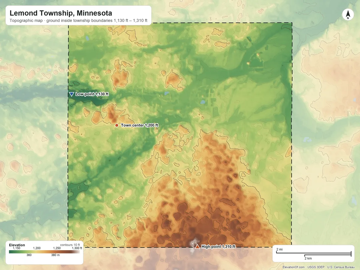 Topographic elevation map of Lemond Township, Minnesota, shaded from 1,130 ft on the northwest side to 1,310 ft on the southeast side