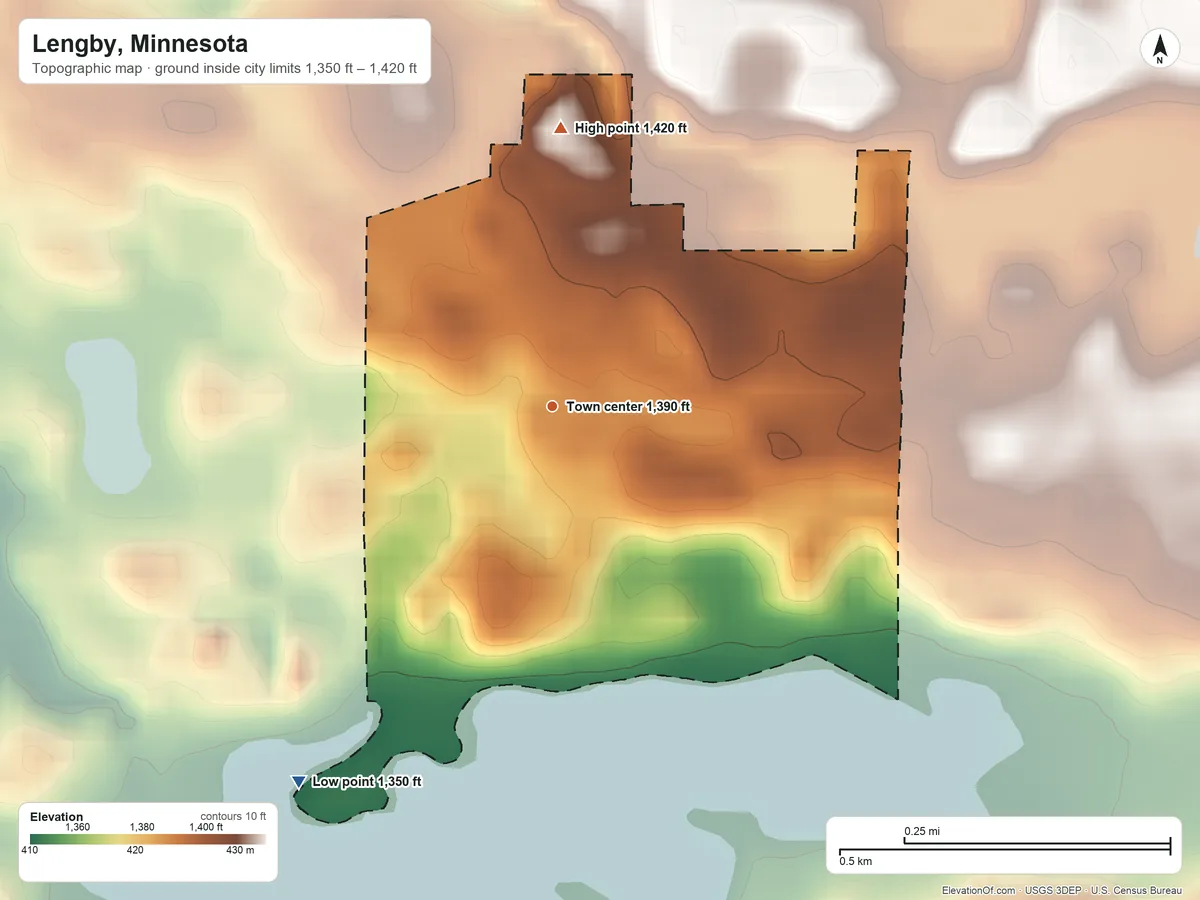 Topographic elevation map of Lengby, Minnesota, shaded from 1,350 ft on the southwest side to 1,420 ft on the north side