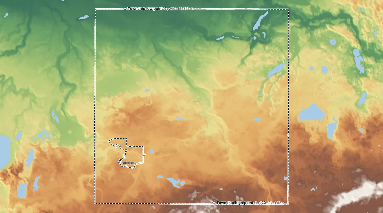 Topographic elevation map of Leon Township, Clearwater County, Minnesota, shaded from 1,210 ft on the northwest side to 1,470 ft on the southeast side