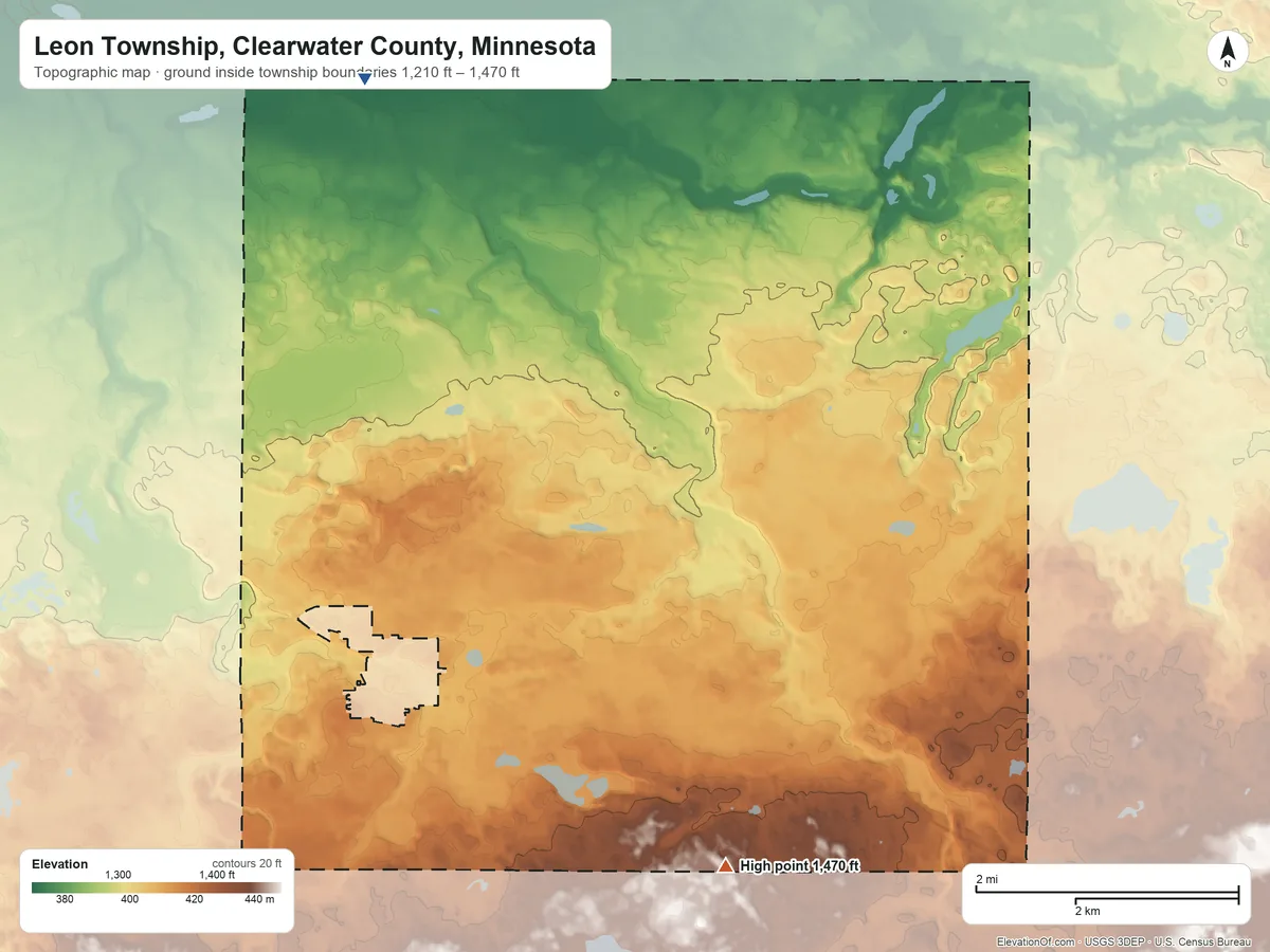 Topographic elevation map of Leon Township, Clearwater County, Minnesota, shaded from 1,210 ft on the northwest side to 1,470 ft on the southeast side