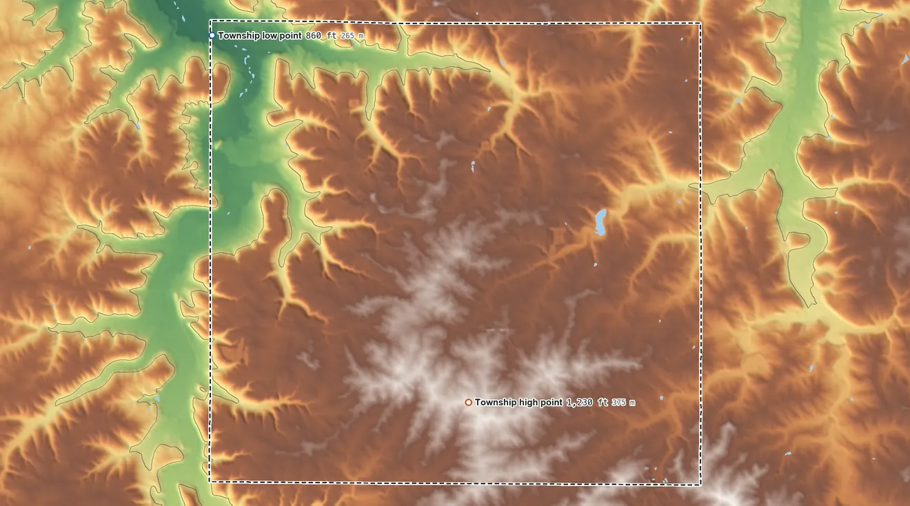 Topographic elevation map of Leon Township, Minnesota, shaded from 860 ft on the northwest side to 1,230 ft on the south side