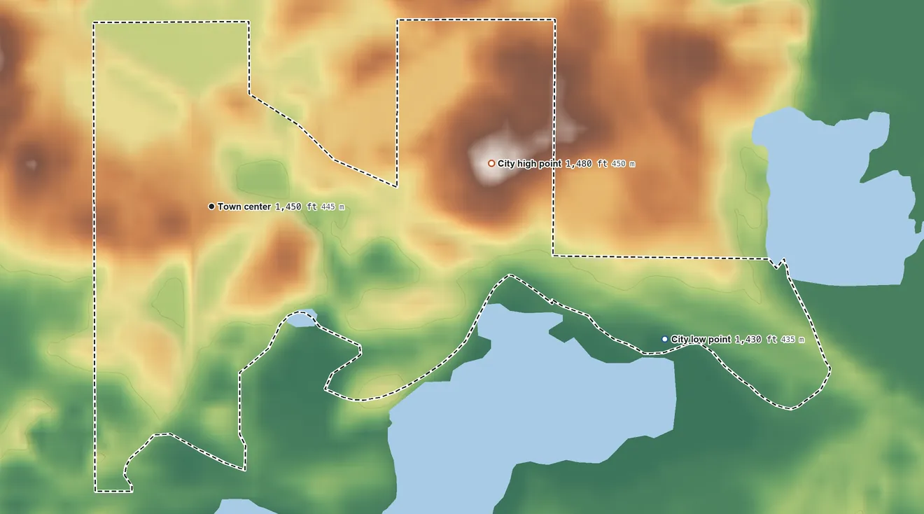 Topographic elevation map of Leonard, Minnesota, shaded from 1,430 ft on the east side to 1,480 ft on the east side