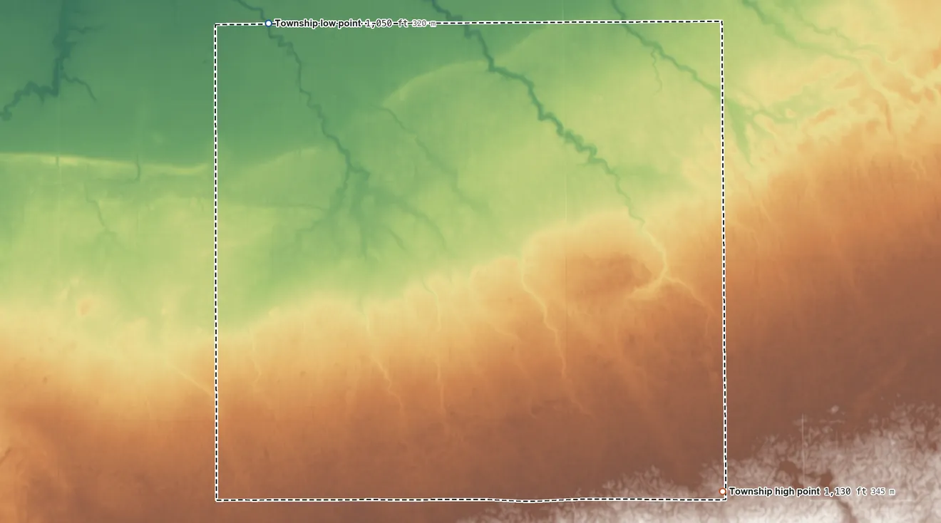 Topographic elevation map of Leonardsville Township, Minnesota, shaded from 1,050 ft on the northwest side to 1,130 ft on the east side