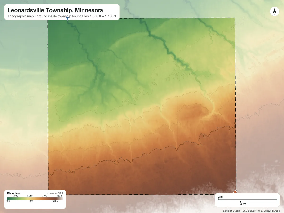 Topographic elevation map of Leonardsville Township, Minnesota, shaded from 1,050 ft on the northwest side to 1,130 ft on the east side