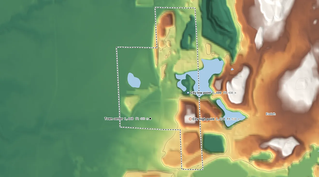 Topographic elevation map of Leonidas, Minnesota, shaded from 1,400 ft on the northeast side to 1,670 ft on the east side