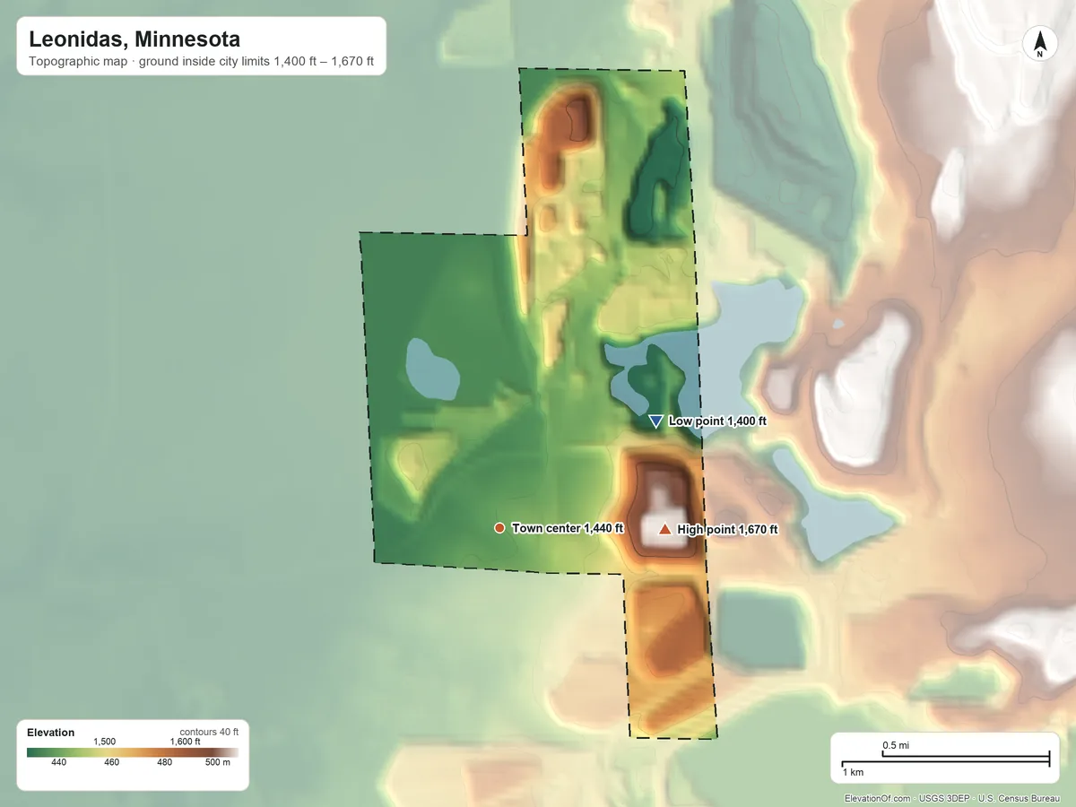 Topographic elevation map of Leonidas, Minnesota, shaded from 1,400 ft on the northeast side to 1,670 ft on the east side
