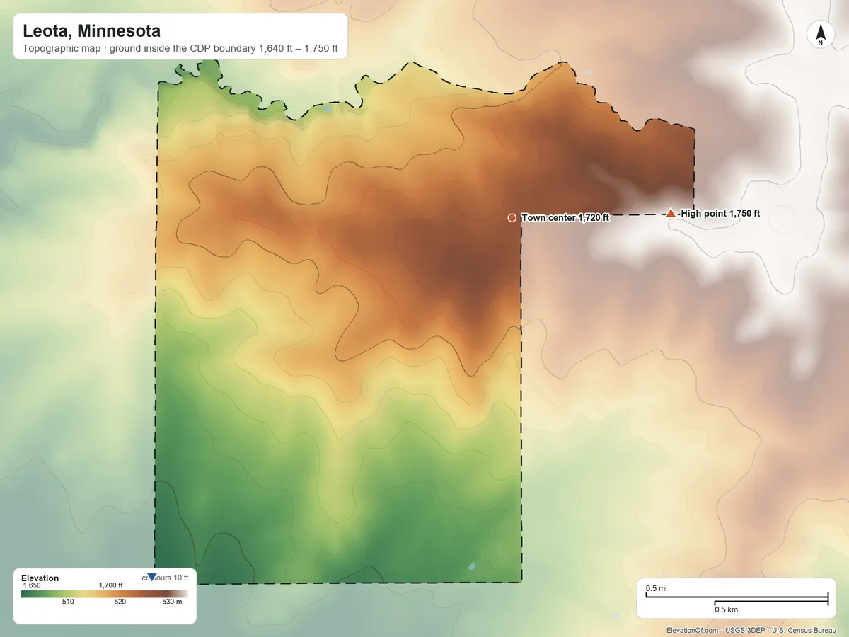 Topographic elevation map of Leota, Minnesota, shaded from 1,640 ft on the southwest side to 1,750 ft on the east side