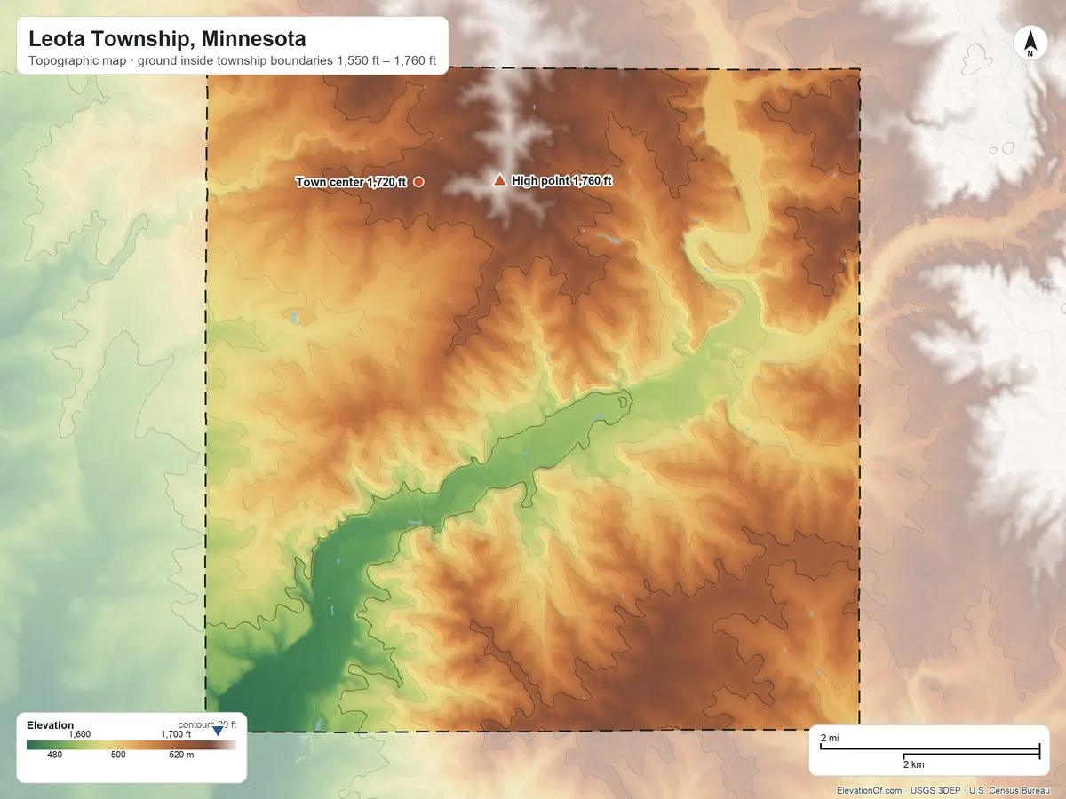 Topographic elevation map of Leota Township, Minnesota, shaded from 1,550 ft on the south side to 1,760 ft near the middle