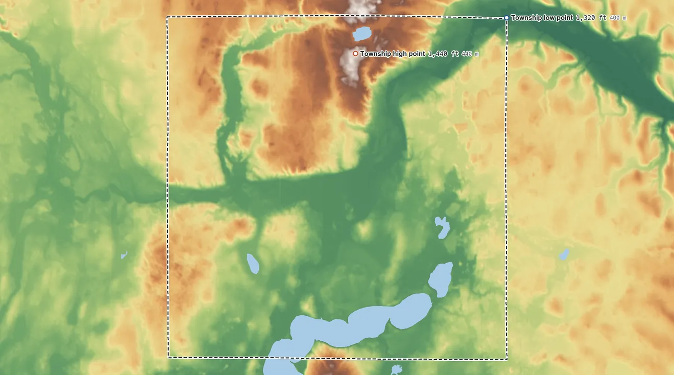 Topographic elevation map of Leslie Township, Minnesota, shaded from 1,320 ft on the northeast side to 1,440 ft on the north side