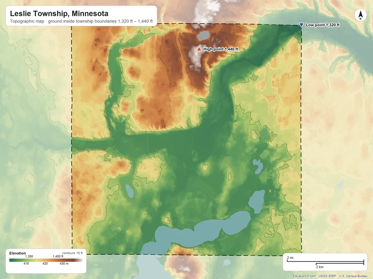Topographic elevation map of Leslie Township, Minnesota, shaded from 1,320 ft on the northeast side to 1,440 ft on the north side