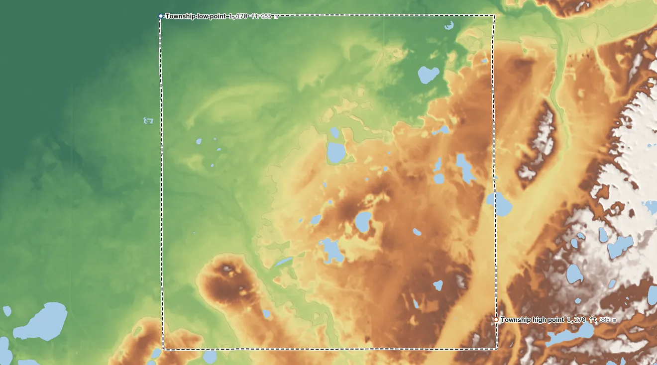 Topographic elevation map of Lessor Township, Minnesota, shaded from 1,170 ft on the northwest side to 1,270 ft on the southeast side
