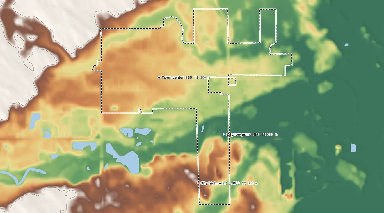 Topographic elevation map of Lester Prairie, Minnesota, shaded from 960 ft on the southeast side to 1,000 ft on the south side